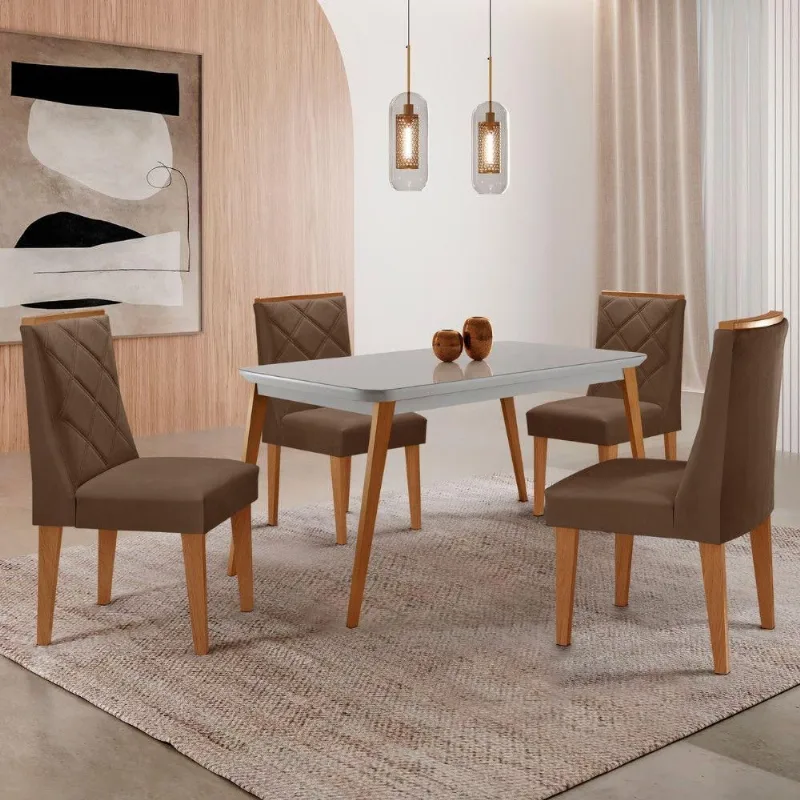 Mesa De Jantar Copper 120cm Mdf Vidro Com 4 Cadeiras Moderna Veludo Marrom/nat/off/serig. Off - Moderna