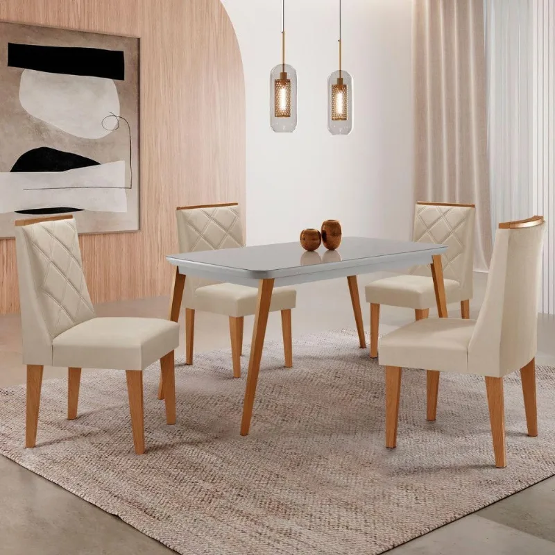 Mesa De Jantar Copper 120cm Mdf Vidro Com 4 Cadeiras Moderna Veludo Creme /off /naturale /serig Off - Moderna