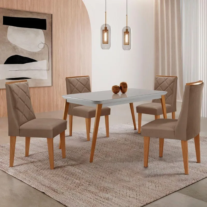Mesa De Jantar Copper 120cm Mdf Vidro Com 4 Cadeiras Moderna Veludo Capuccino/off/nat/serig Off - Moderna