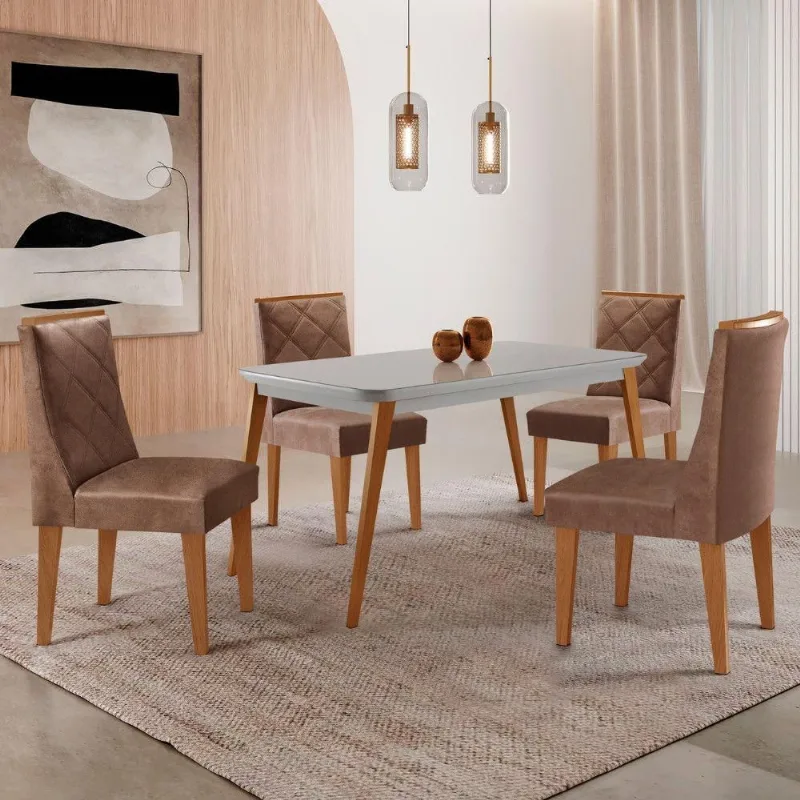 Mesa De Jantar Copper 120cm Mdf Vidro Com 4 Cadeiras Moderna Tork /off /naturale /serig Off - Moderna