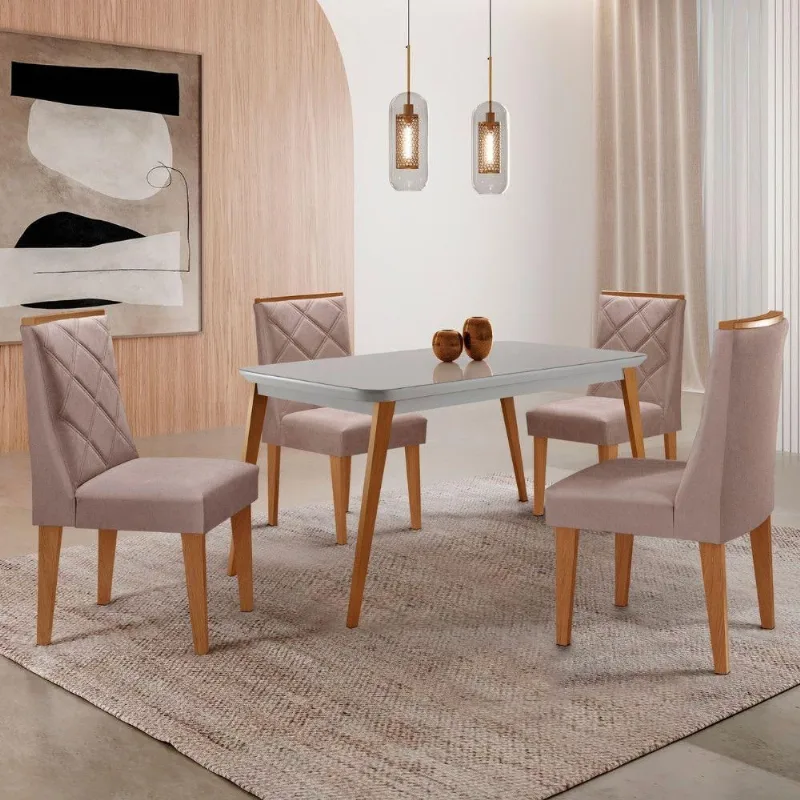 Mesa De Jantar Copper 120cm Mdf Vidro Com 4 Cadeiras Moderna Linho Capuccino/off/nat/serig. Off - Moderna