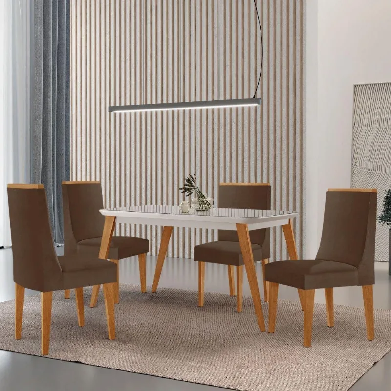 Mesa De Jantar Copper 120cm Tampo Mdf 4 Cadeiras Moderna Veludo Marrom/nat/off/serig. Off
