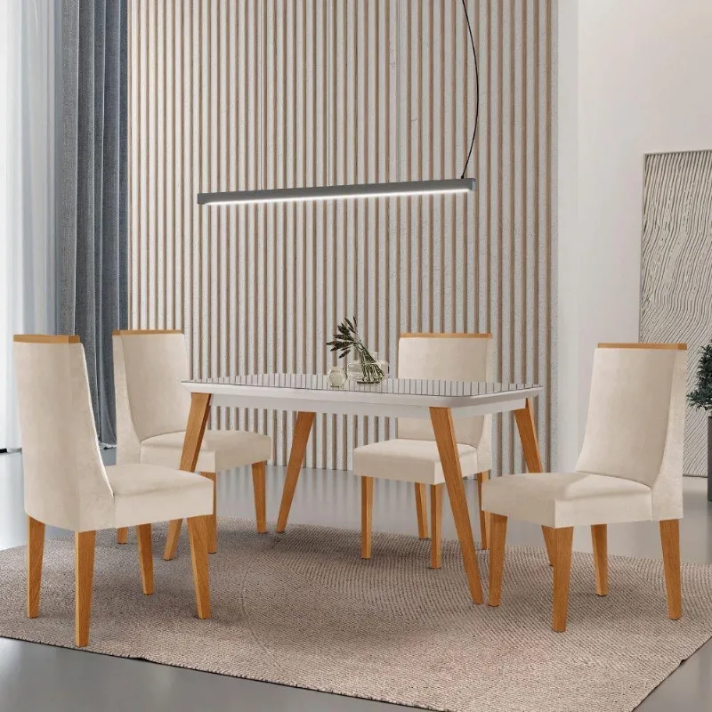 Mesa De Jantar Copper 120cm Tampo Mdf 4 Cadeiras Moderna Veludo Creme /off /naturale /serig Off - Moderna