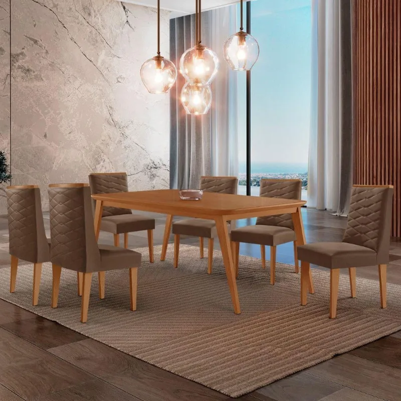 Mesa De Jantar Copper 180cm Tampo Mdf Com 6 Cadeiras Moderna Veludo Marrom/naturalle/naturalle - Moderna
