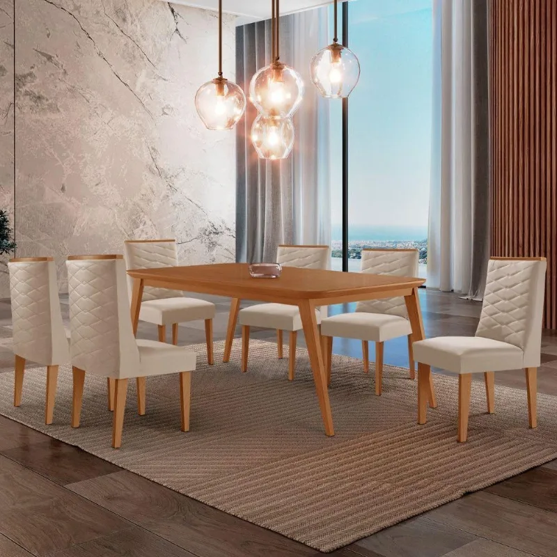 Mesa De Jantar Copper 180cm Tampo Mdf Com 6 Cadeiras Moderna Veludo Creme/naturalle/naturalle - Moderna