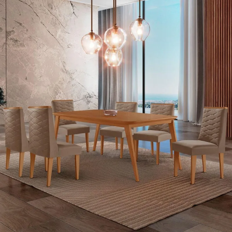 Mesa De Jantar Copper 180cm Tampo Mdf Com 6 Cadeiras Moderna Veludo Capuccino/naturalle/naturalle - Moderna