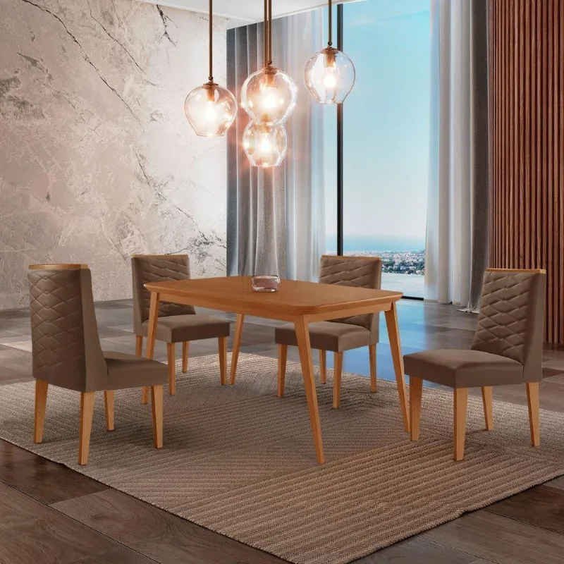 Mesa De Jantar Copper 120cm Tampo Mdf 4 Cadeiras Moderna Veludo Marrom/naturalle/naturalle - Moderna