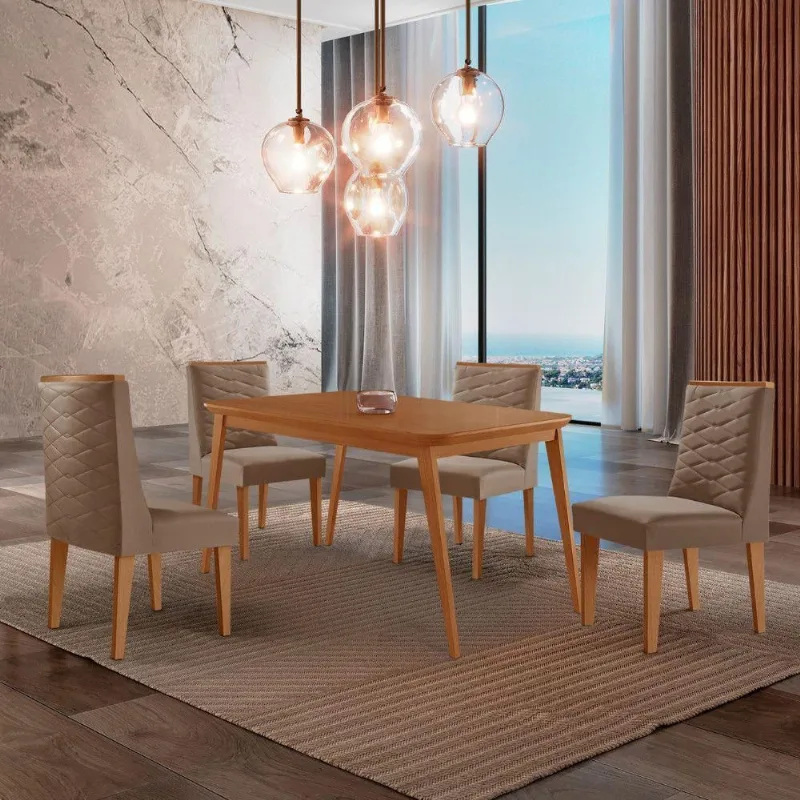 Mesa De Jantar Copper 120cm Tampo Mdf 4 Cadeiras Moderna Veludo Capuccino/naturalle/naturalle - Moderna