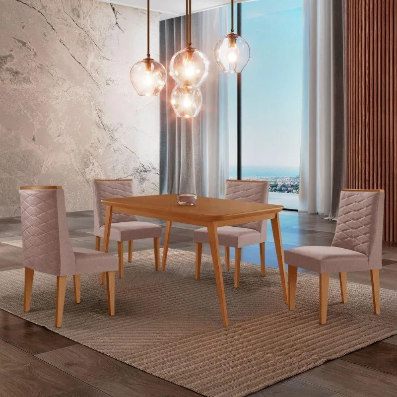 Mesa De Jantar Copper 120cm Tampo Mdf 4 Cadeiras Moderna Linho Capuccino/naturale/naturale - Moderna