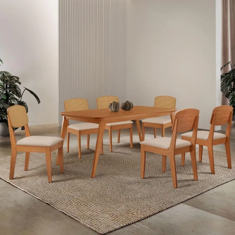 Mesa De Jantar Copper 180cm Tampo Mdf Laminado 6 Cadeiras Veludo Creme/naturalle/naturalle - Moderna
