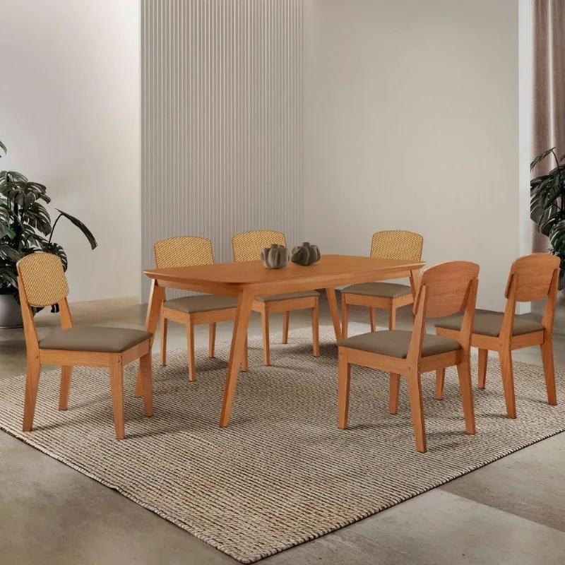 Mesa De Jantar Copper 180cm Tampo Mdf Laminado 6 Cadeiras Veludo Capuccino/naturalle/naturalle - Moderna