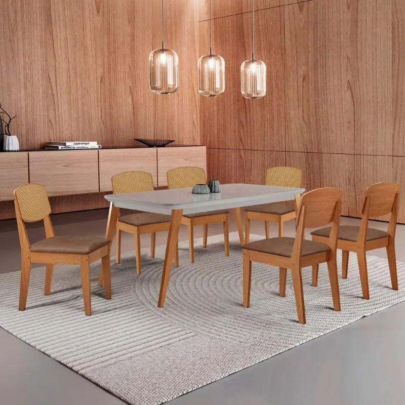 Mesa De Jantar Copper 180cm Tampo Mdf Vidro 6 Cadeiras Tork/off/naturale/serig. Off - Moderna