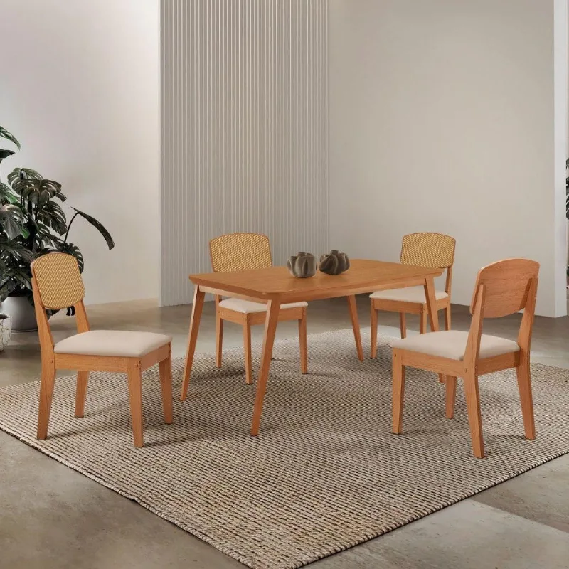 Mesa De Jantar Copper 120cm Tampo Mdf Laminado 4 Cadeiras Veludo Creme/naturalle/naturalle - Moderna