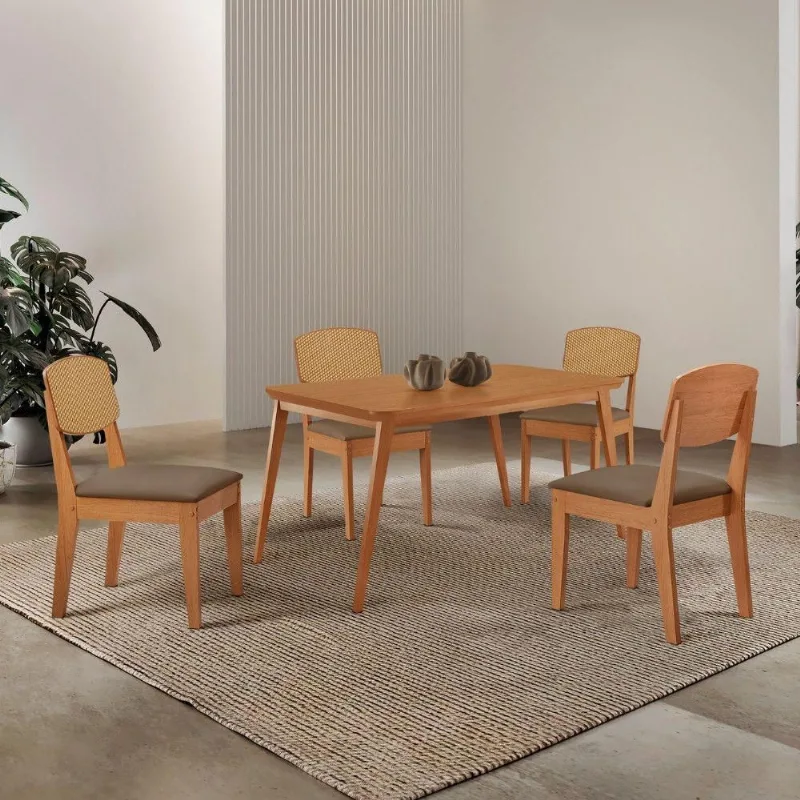 Mesa De Jantar Copper 120cm Tampo Mdf Laminado 4 Cadeiras Veludo Capuccino/naturalle/naturalle - Moderna