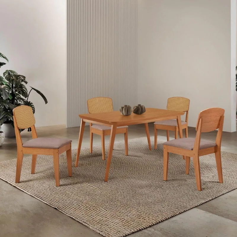 Mesa De Jantar Copper 120cm Tampo Mdf Laminado 4 Cadeiras Linho Capuccino/naturale/naturale - Moderna