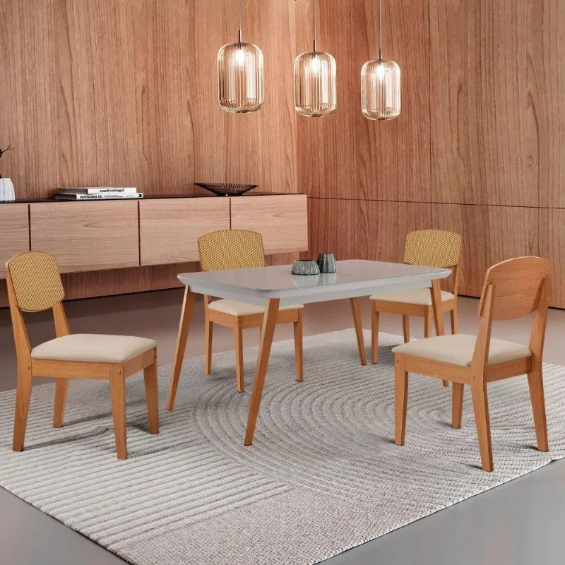 Mesa De Jantar Copper 120cm Tampo Mdf Vidro 4 Cadeiras Veludo Creme /off /naturale /serig Off - Moderna