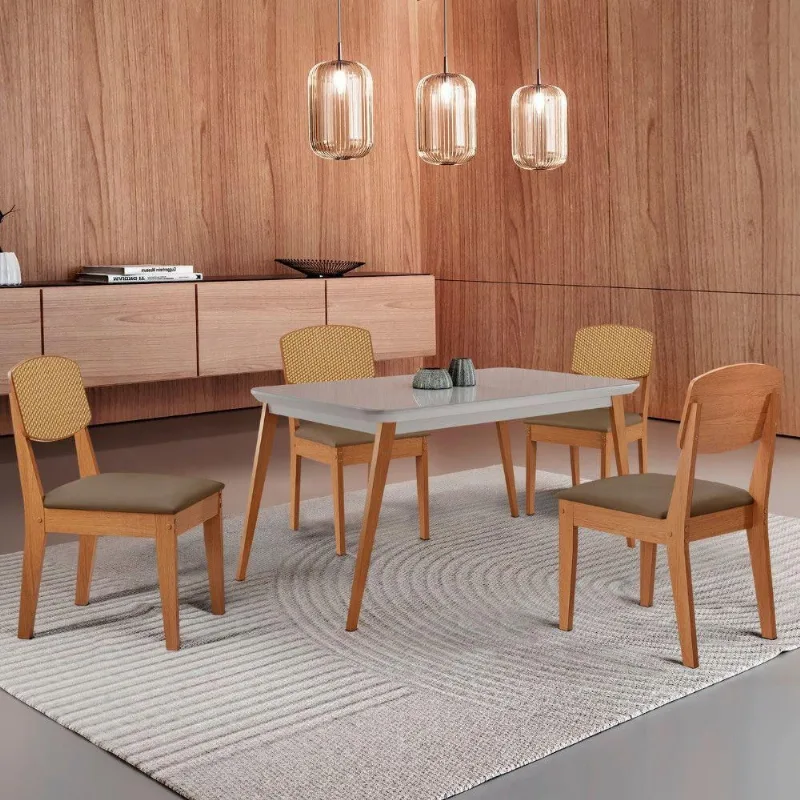 Mesa De Jantar Copper 120cm Tampo Mdf Vidro 4 Cadeiras Veludo Capuccino/off/nat/serig Off - Moderna