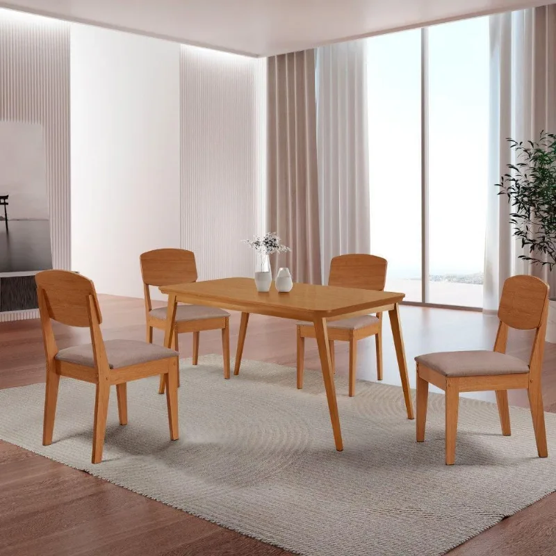 Mesa De Jantar Copper 120cm Tampo Mdf Com 4 Cadeiras Moderna Linho Capuccino/naturale/naturale - Moderna