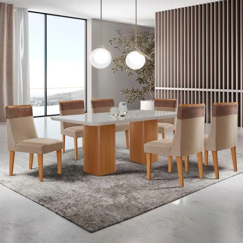 Mesa De Jantar Eloise 180cm Tampo Mdf Vidro 6 Cad. Moderna Linho Capuccino Tork
