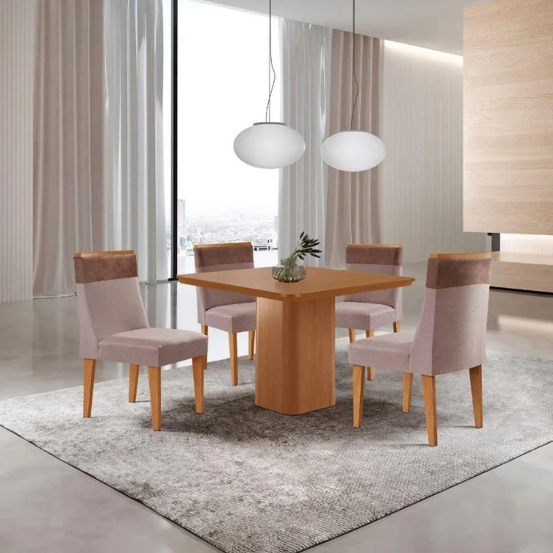 Mesa De Jantar Eloise 4 Cadeiras Moderna Linho Capuccino - Moderna