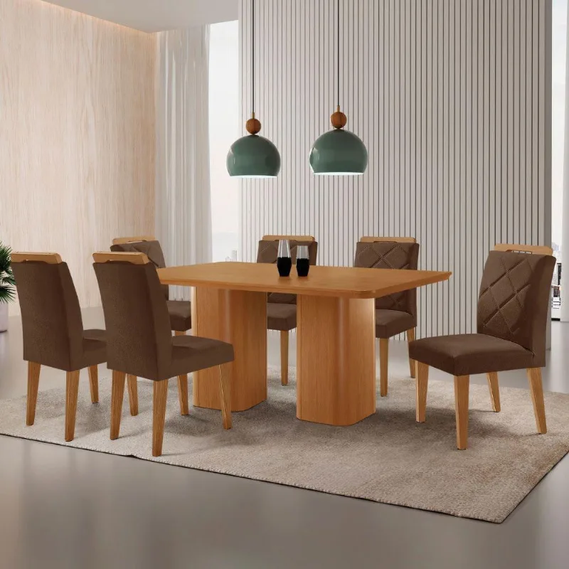 Mesa Eloise 180cm Mdf Laminado 6 Cadeiras Mels=issa Veludo Marrom/naturalle Laminado