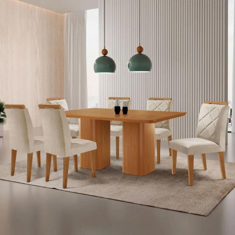 Mesa Eloise 180cm Mdf Laminado 6 Cadeiras Mels=issa Veludo Creme/naturale Laminado