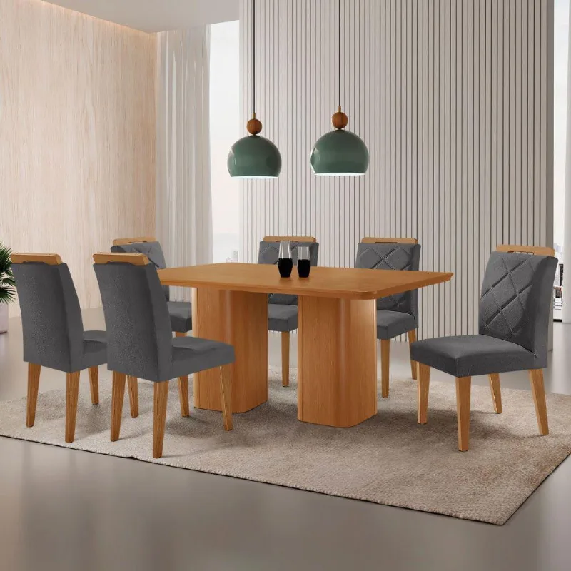 Mesa Eloise 180cm Mdf Laminado 6 Cadeiras Mels=issa Veludo Grafite/naturalle Laminado