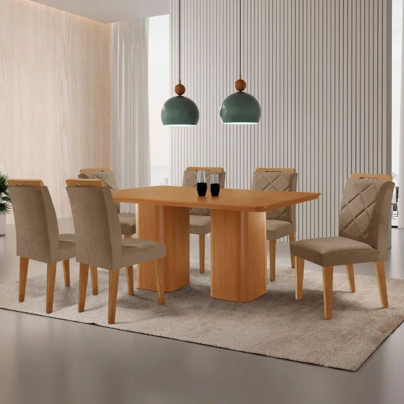 Mesa Eloise 180cm Mdf Laminado 6 Cadeiras Mels=issa Veludo Capuccino/naturalle Laminado