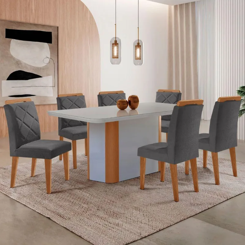 Mesa Isadora 180cm Mdf Vidro E 6 Cadeiras Melissa Veludo Grafite/off /nat/serig. Off Com Vidro