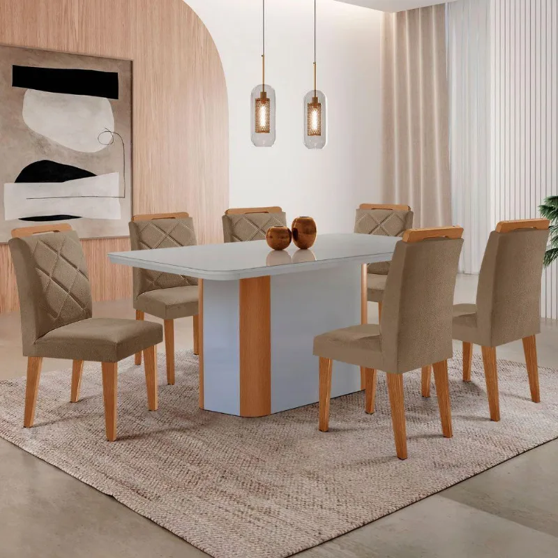 Mesa Isadora 180cm Mdf Vidro E 6 Cadeiras Melissa Vel Capuccino /off /naturale /serig Off Com Vidro