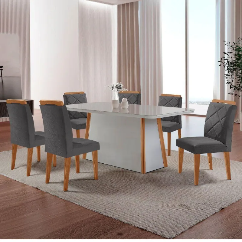 Mesa Diane 180cm Mdf Vidro E 6 Cadeiras Melissa Veludo Grafite/off /nat/serig. Off Com Vidro