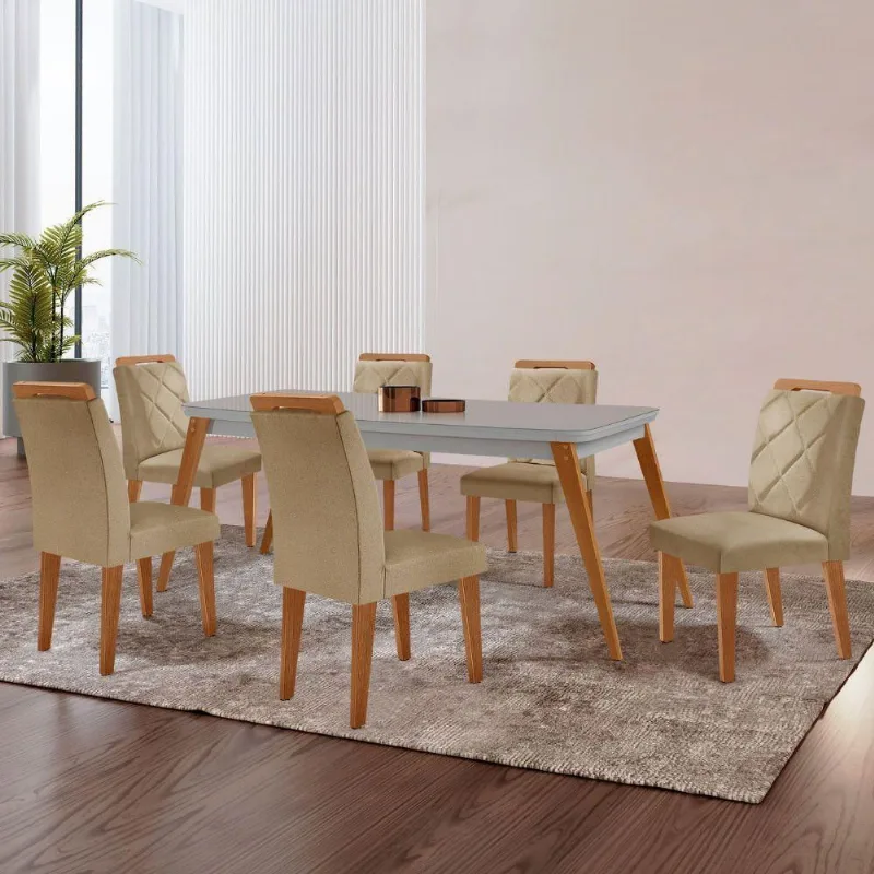Mesa Copper 180cm Mdf Vidro E 6 Cadeiras Melissa Turim 07/off/naturale/serig. Off Com Vidro