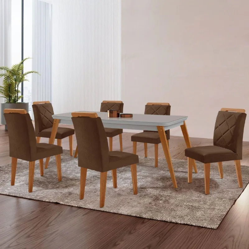 Mesa Copper 180cm Mdf Vidro E 6 Cadeiras Melissa Veludo Marrom/off/nat/serig Off Com Vidro