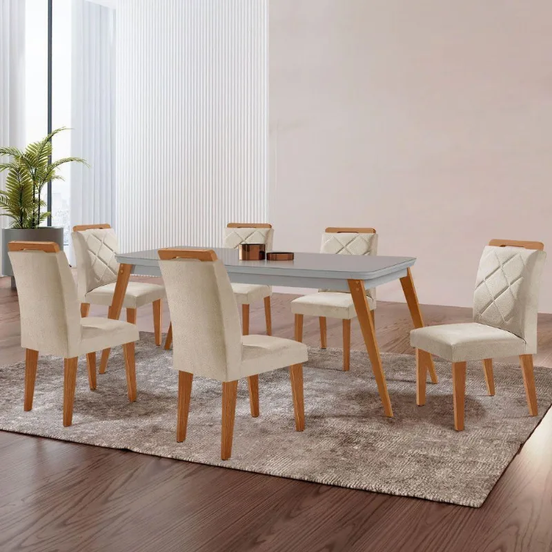 Mesa Copper 180cm Mdf Vidro E 6 Cadeiras Melissa Veludo Creme/off/naturale/serig Off Com Vidro