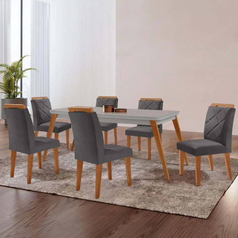 Mesa Copper 180cm Mdf Vidro E 6 Cadeiras Melissa Veludo Grafite/off /nat/serig. Off Com Vidro