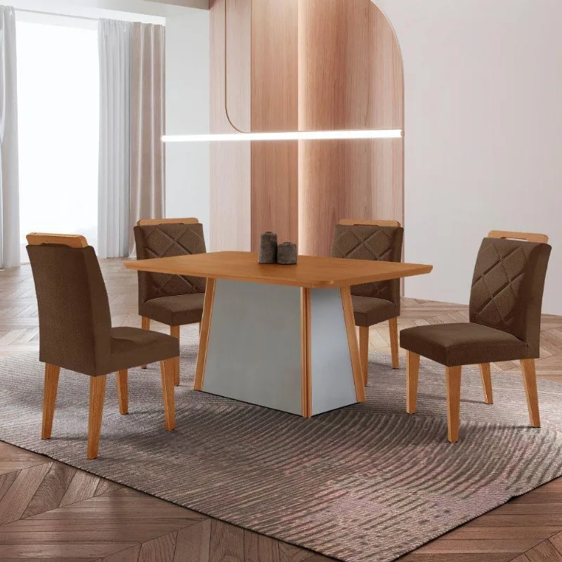 Mesa De Jantar Diane E 4 Cadeiras Melissa Moderna Mobilia Veludo Marrom/naturalle Laminado - Moderna