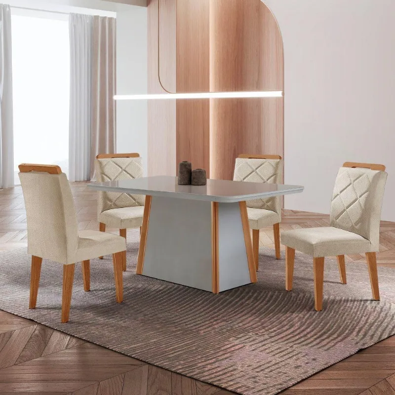 Mesa De Jantar Diane E 4 Cadeiras Melissa Moderna M... Veludo Creme/off//serig Off Com Vidro - Moderna