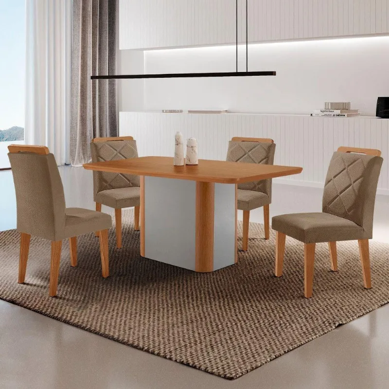 Mesa De Jantar Isadora Mdf Com 4 Cadeiras Moderna Mobilia Veludo Capuccino/naturalle Laminado
