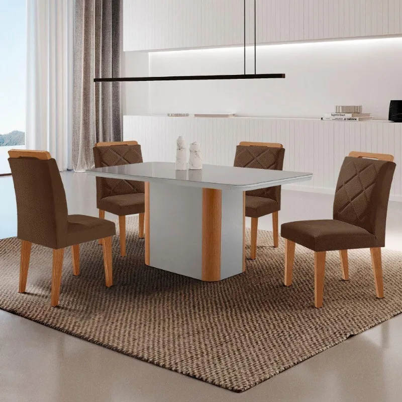 Mesa De Jantar Isadora Com 4 Cadeiras Moderna Mobilia Veludo Marrom/off/nat/serig Off Com Vidro - Moderna