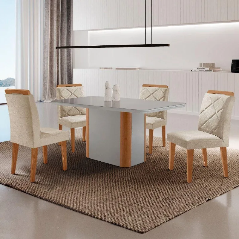 Mesa De Jantar Isadora Com 4 Cadeiras Moderna Mo... Veludo Creme /off / /serig Off Com Vidro - Moderna
