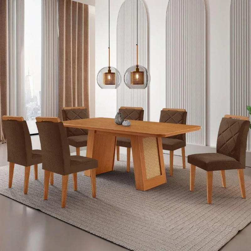 Mesa De Jantar Carolina Com 6 Cadeiras Moderna Mobilia Veludo Marrom/naturalle Laminado - Moderna