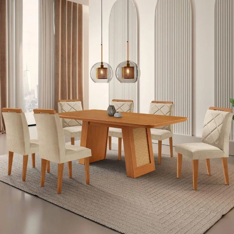 Mesa De Jantar Carolina Com 6 Cadeiras Moderna Mobilia Veludo Creme/ Laminado - Moderna