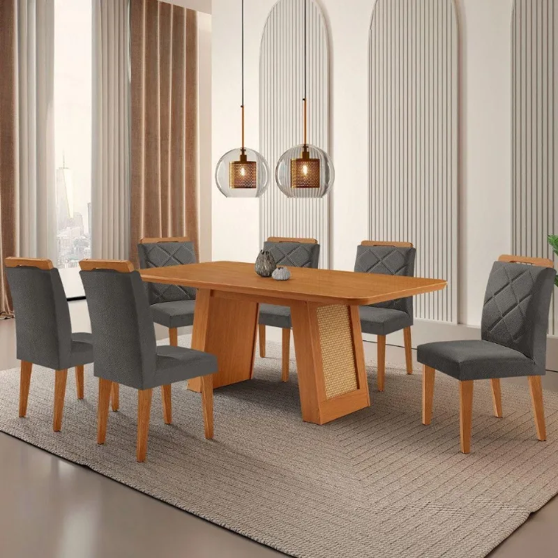 Mesa De Jantar Carolina Com 6 Cadeiras Moderna Mobilia Veludo Grafite/naturalle Laminado - Moderna