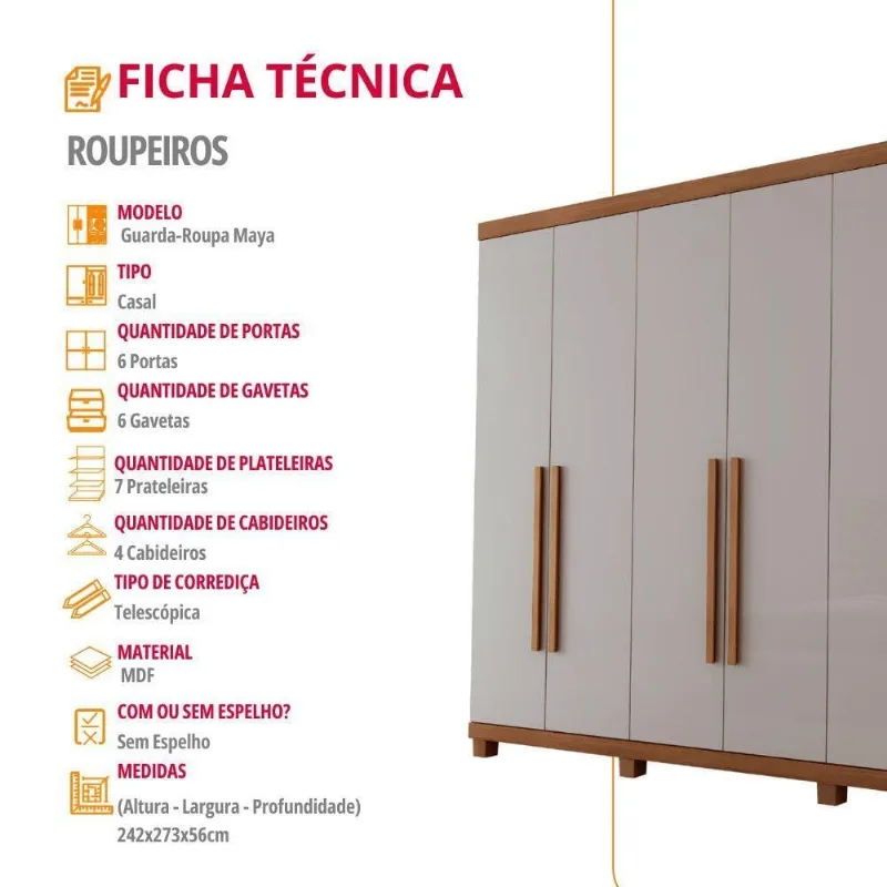 Guarda Roupa Casal Maya 6 Portas 6 Gavetas Imbuia-off White MDF - Moderna