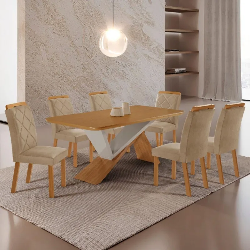 Mesa De Jantar Yasmin 180 Mdf Laminado E 6 Cadeiras Melissa Turim 07/naturale /off White - Moderna