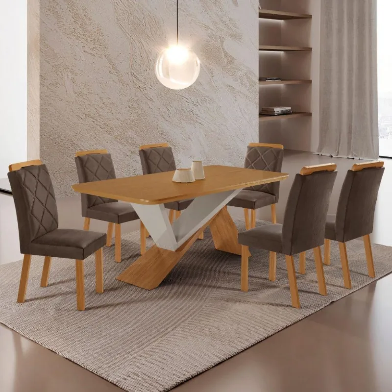 Mesa De Jantar Yasmin 180 Mdf Laminado E 6 Cadeiras Melissa Veludo Marrom/naturale/off White - Moderna