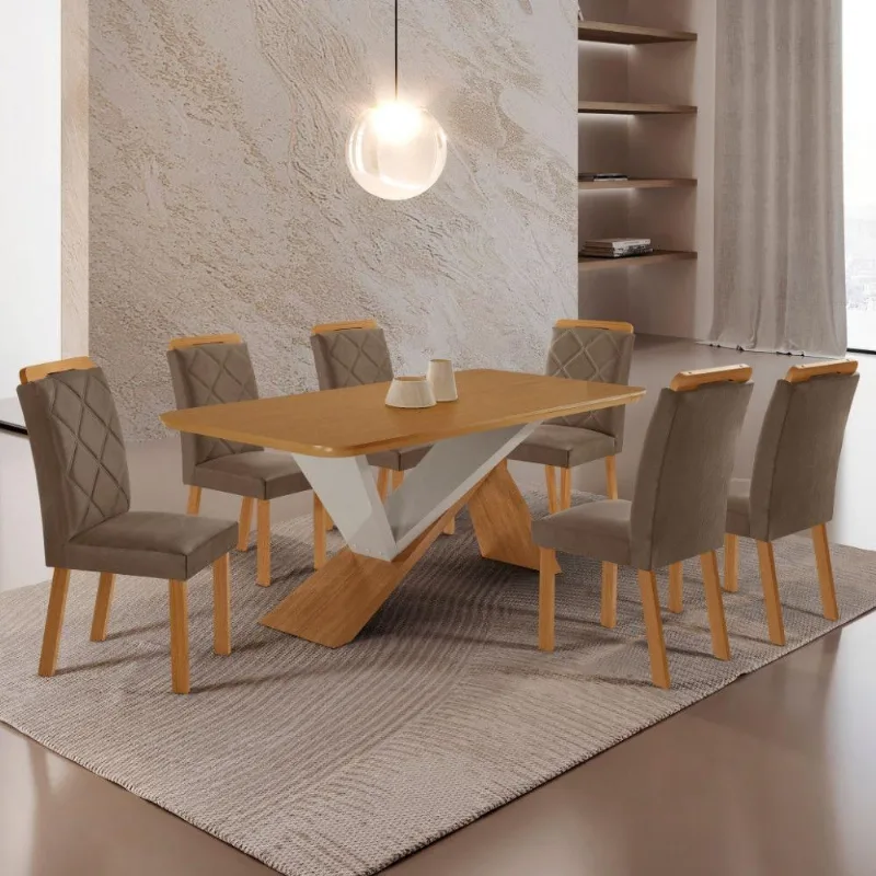 Mesa De Jantar Yasmin 180 Mdf Laminado E 6 Cadeiras Melissa Veludo Capuccino/naturale/off White - Moderna