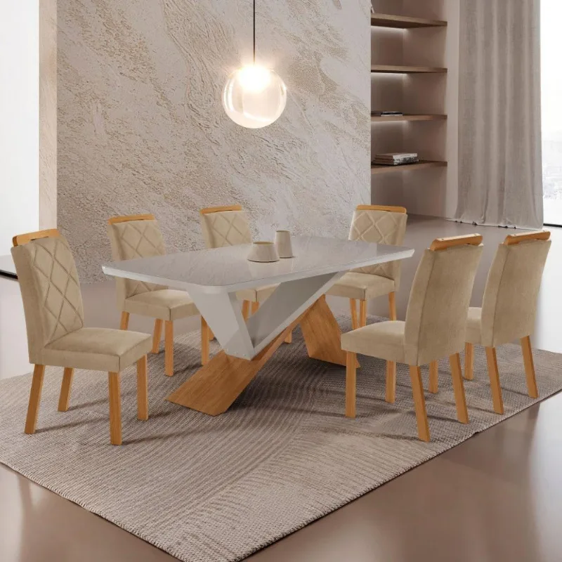 Mesa De Jantar Yasmin 180 Tampo Com Vidro 6 Cadeiras Melissa Turim 07/nat/off/serig. Off - Moderna