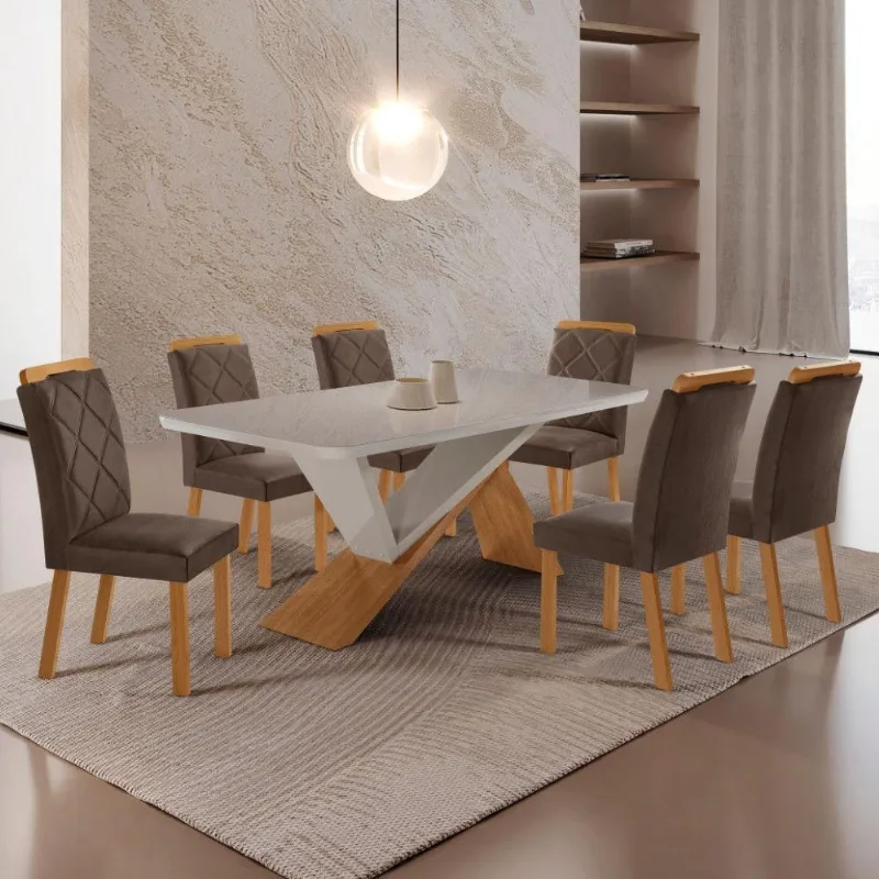 Mesa De Jantar Yasmin 180 Tampo Com Vidro 6 Cadeiras Melissa Veludo Marrom/nat/off/serig. Off - Moderna