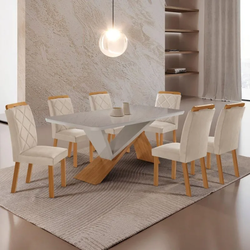 Mesa De Jantar Yasmin 180 Tampo Com Vidro 6 Cadeiras Melissa Veludo Creme /nat/off/serig. Off - Moderna